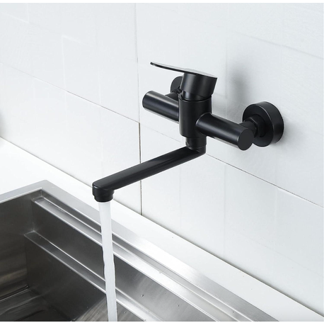 Exel Wall Mount Black Kitchen Mixer - Brass