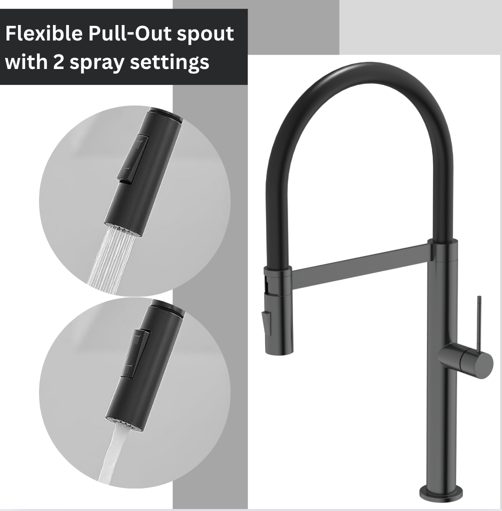 Exel Flexi Pull Out Deck Mount Kitchen Mixer - Brass, Matt Black