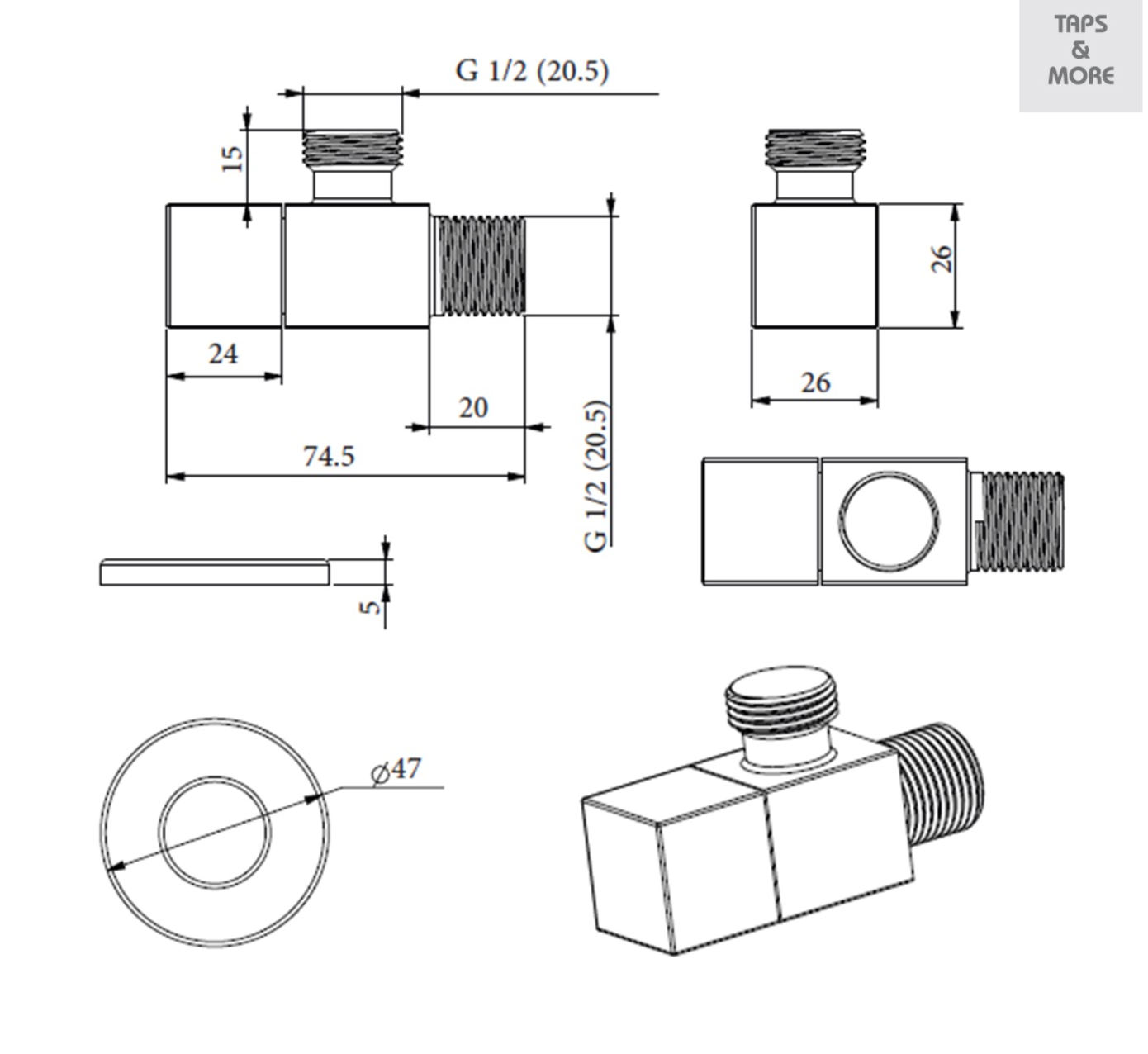Exel Black Angle Valve Square - 1/2 Inch