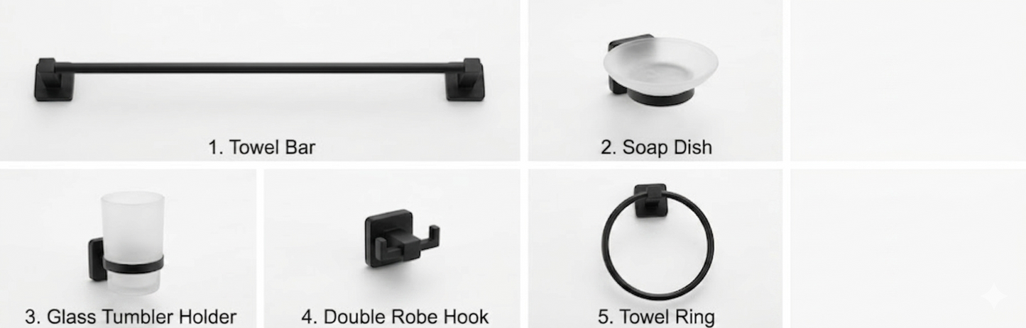 Exel Matte Black Bathroom Accessory Set-6pcs