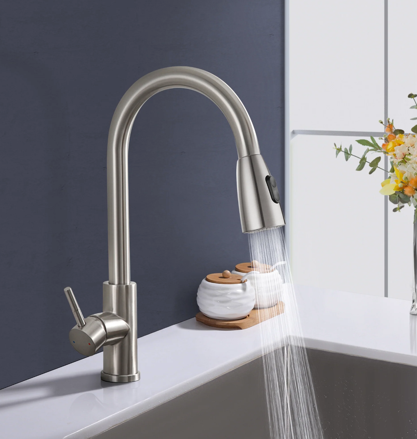 Exel Chrome Pull Out Deck Mount Kitchen Mixer