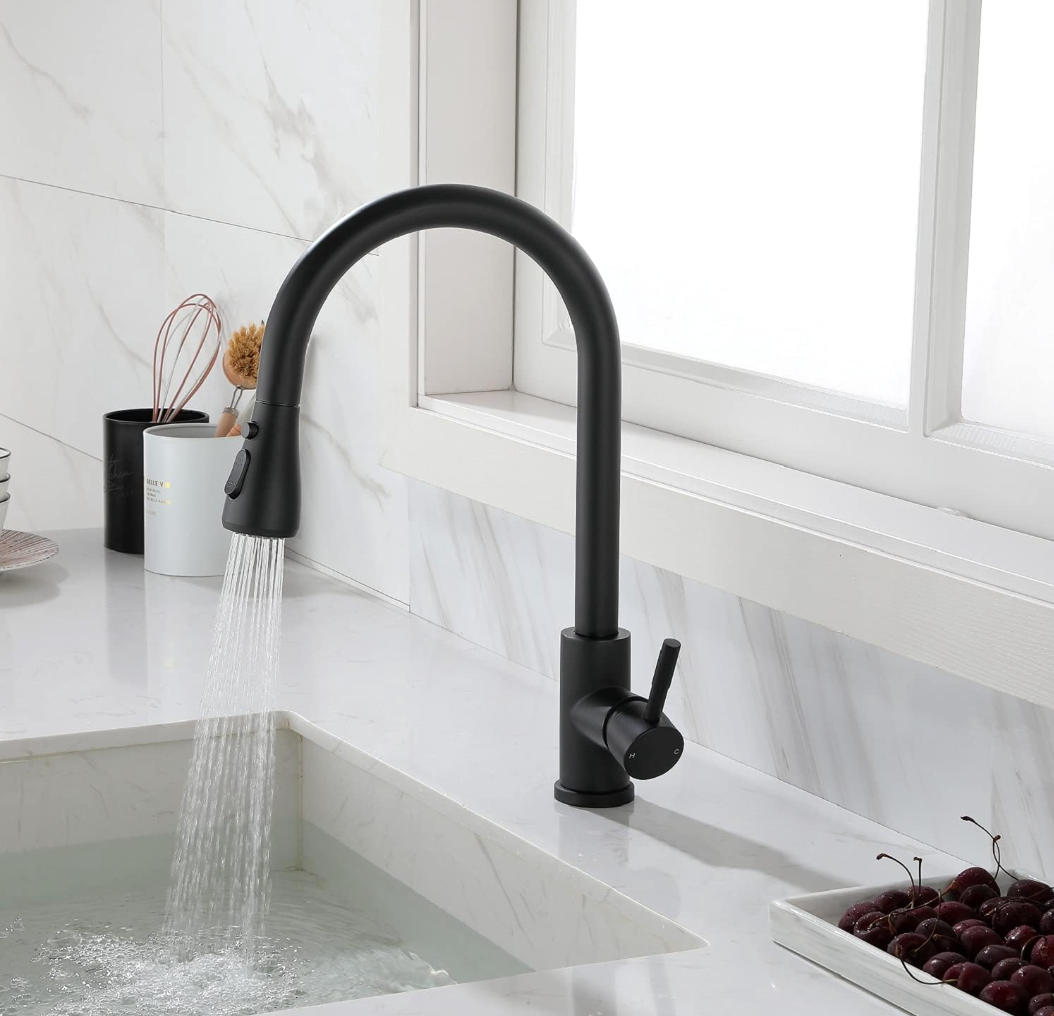 Exel Black Pull Out Deck Mount Kitchen Mixer - Brass