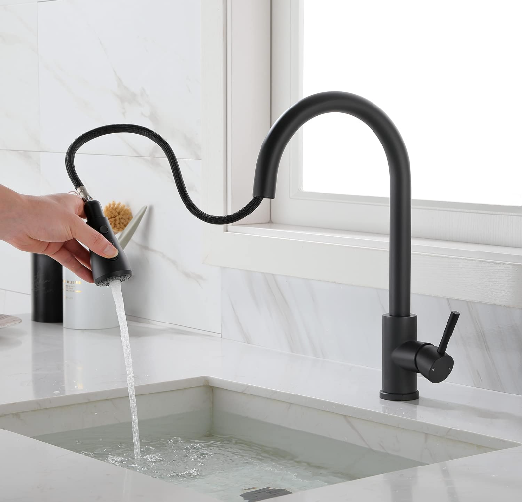 Exel Black Pull Out Deck Mount Kitchen Mixer - Brass
